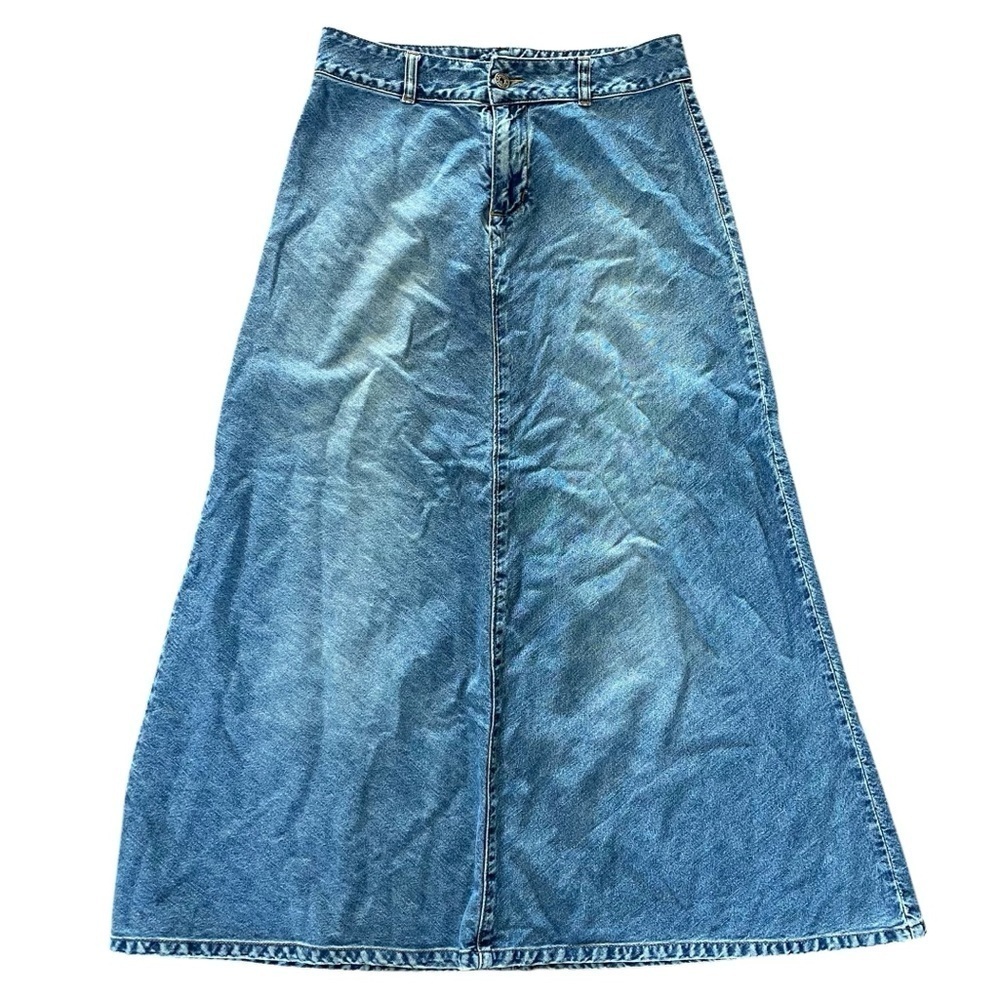 Vintage 90s Low Rise Denim Maxi Skirt Sz 7 Y2K Blue Jean Long Skirt Cotton